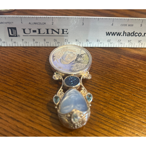 Women's Sajen Silver & Blue Carved Stone Panda Coin Brooch Pendant One Size - Picture 5 of 5